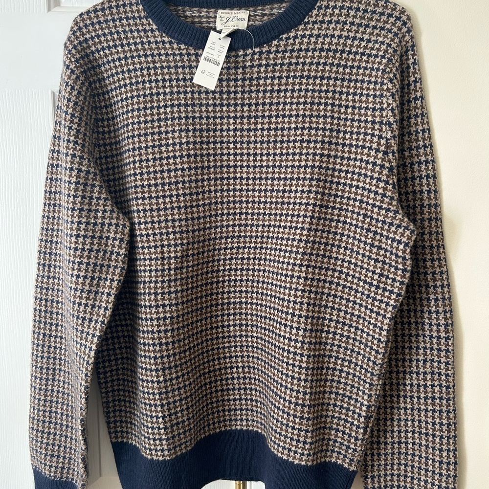 J. Crew NWT Men's Navy and Tan Houndstooth Crewneck Sweater